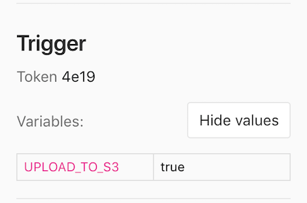 A configuration panel for a CI trigger for token 4e19 showing UPLOAD_TO_CI set to true